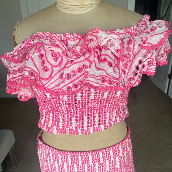 Pink Shirred Bodycon Ruffle Matching Crop Top and Skirt Set - Picture 4 of 10